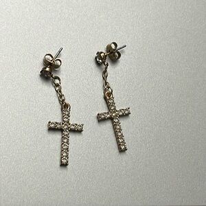 Gold cross dangling earring with rhinestone